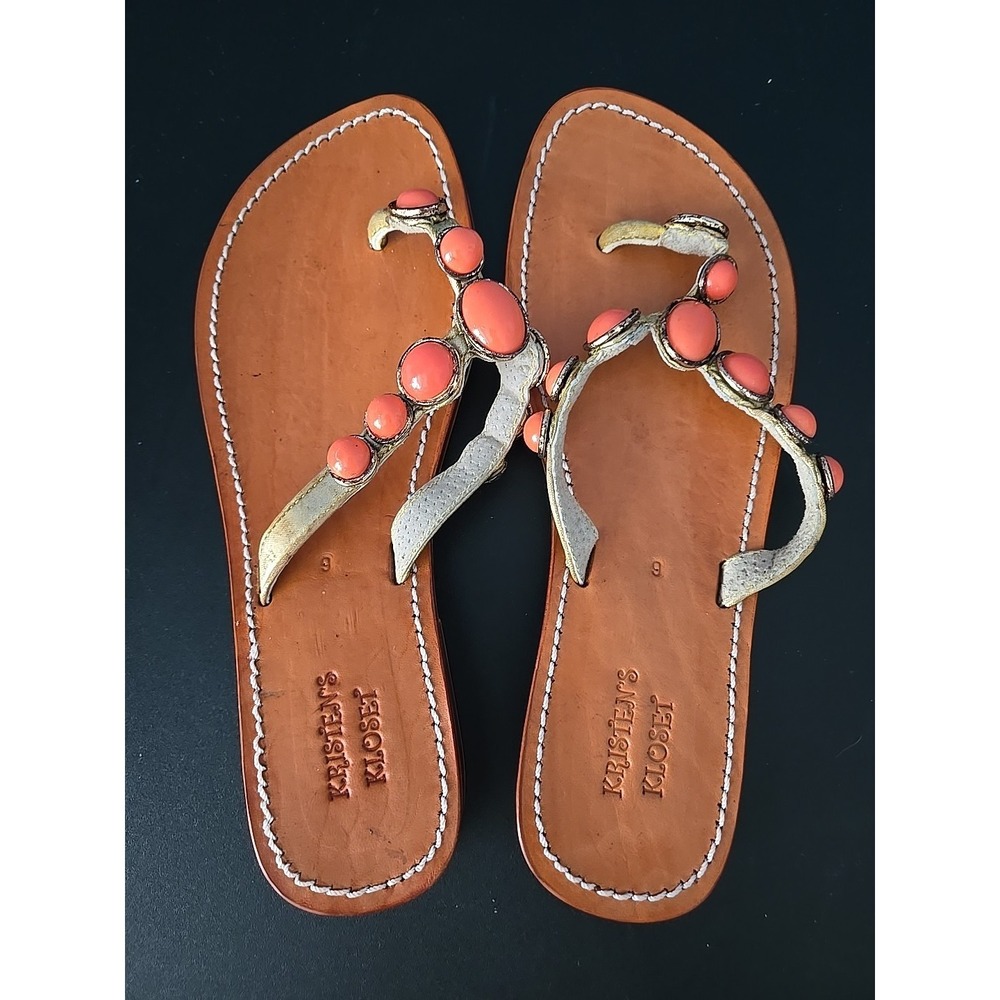 Flat‎ Thong Sandals Jeweled Coral Accents Cognac Leather Size 9 Kristen's Kloset